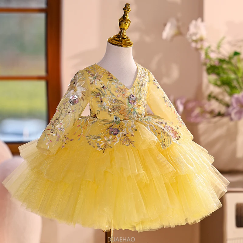 

2025 Party Dress Vestido Children Girls Yellow Wedding Piano Performance Tutu Outfit Dresses Costume Kids Flower Girl Pageant