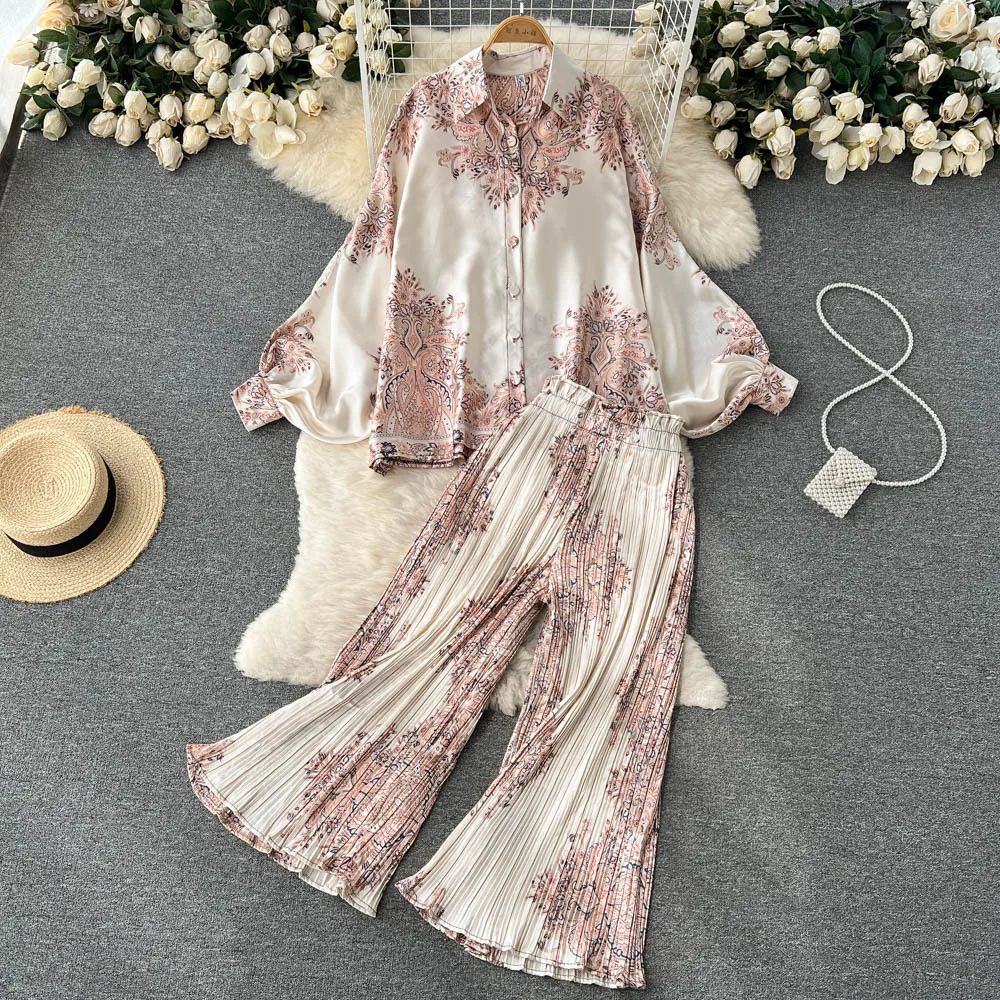 Fashion Women Pajamas 2-piece Sets Lantern Sleeve Printed Shirt Top + High Waist Casual Wide Leg Pants Two-piece Set Sleepwear