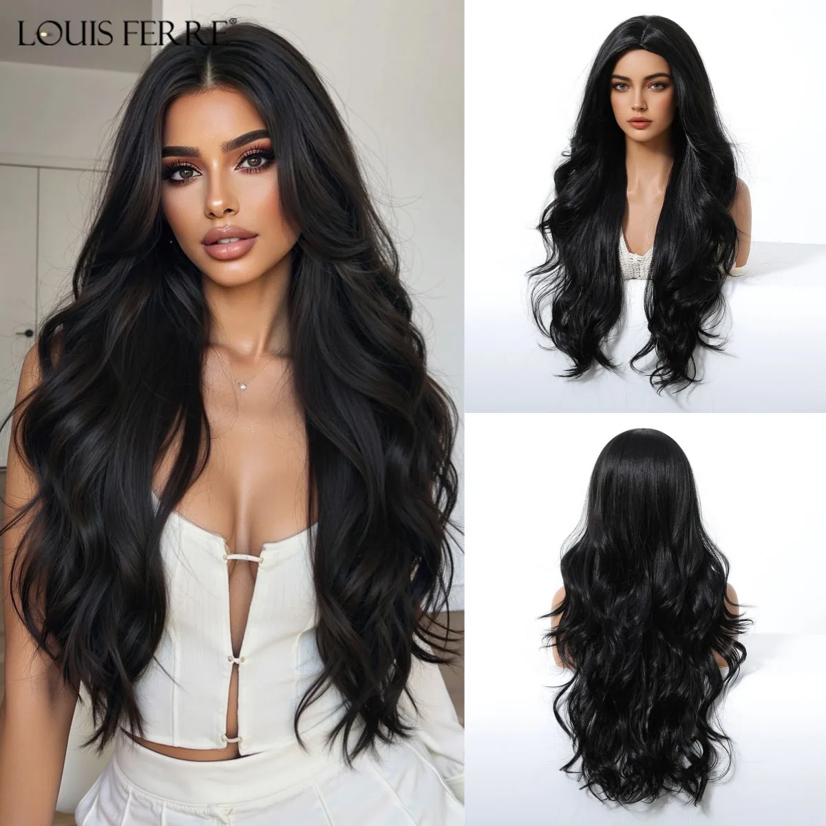 LOUIS FERRE Natural Looking Long Body Wave Hair Wigs For Women Middle Part Black Synthetic Wigs For Daily Party High Temperature