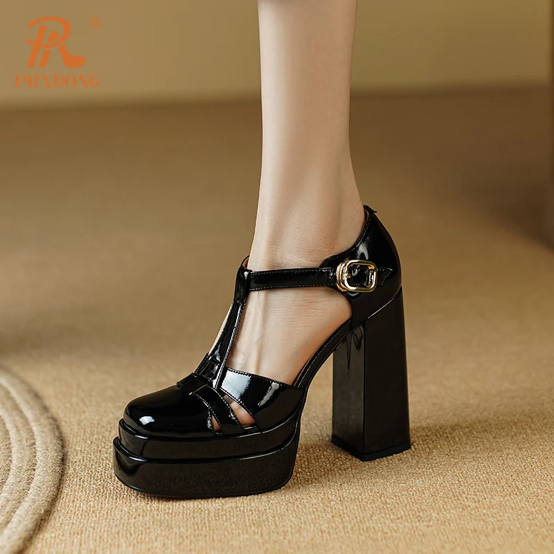 PRXDONG New Brand Genuine Cow Leather Summer Fashion High Heels Platform Shoes Woman Pumps Black Wine Red T-strap Dress Party 39