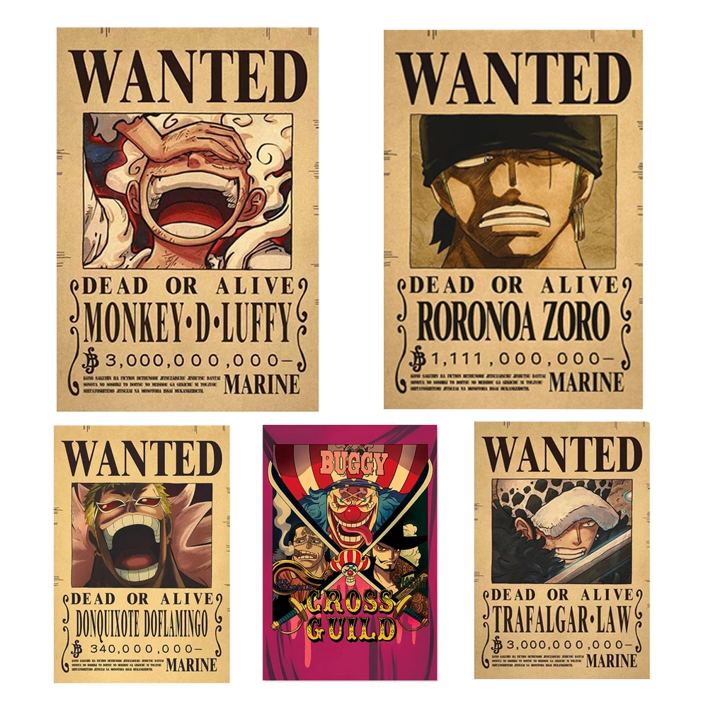 One Piece Luffy Gear 5 Sun God Nika Zoro Buggy Bounty Wanted Posters Four Emperor Figure Vintage Wall Decoration Poster