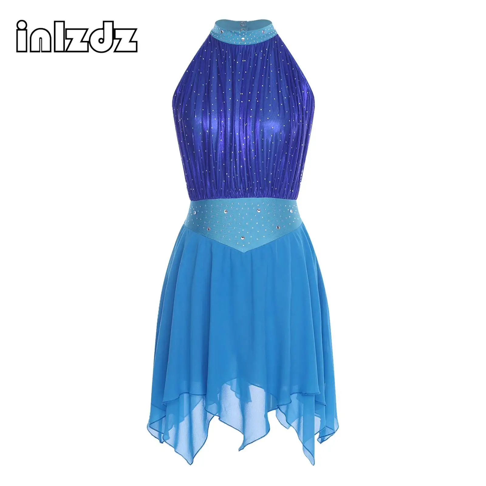 

Women Lyrical Dance Performance Costume Rhinestone Mesh Built-in Briefs Leotard Dress for Modern Dance Figure Skating Prom Party