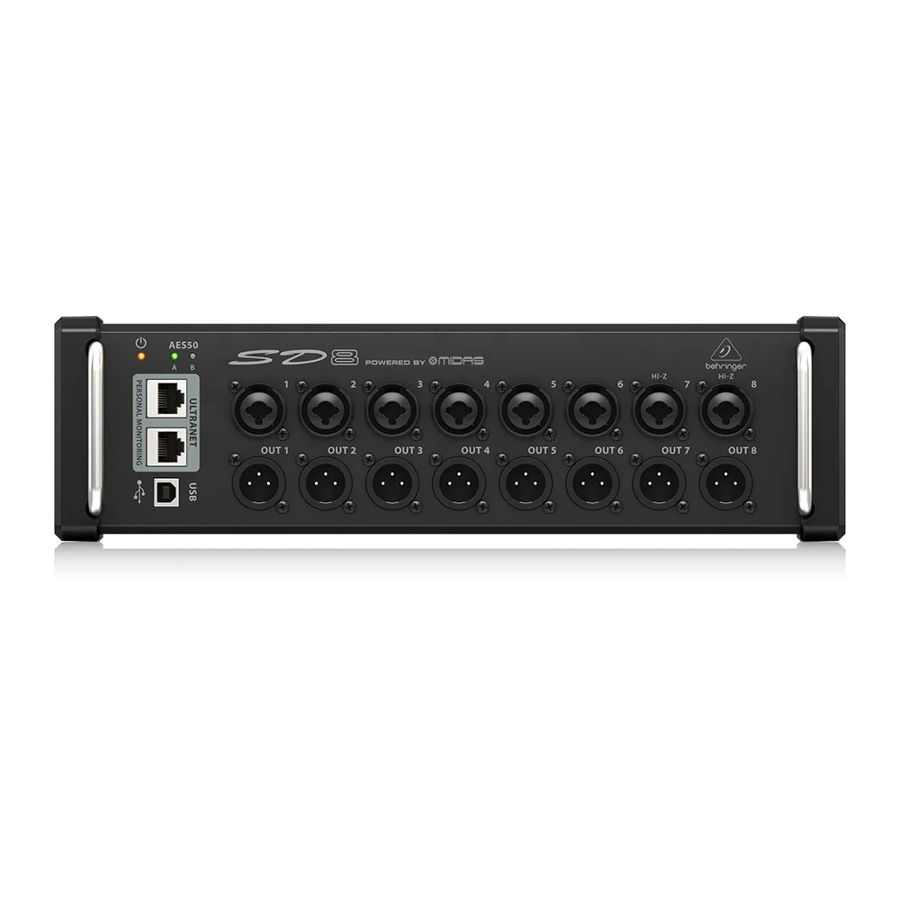 

Цифровой стейджбокс Behringer SD8 с 8 входами и 8 выходами, 8 дистанционно управляемыми микрофонными предусилителями Midas, студийное музыкальное оборудование
