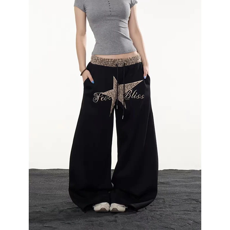 YIBASHU Women Black Wide Leg Sweatpants Oversize Leopard Splice Pants Harajuku Japanese 2000s Style Vintage Y2k Dance Trouser