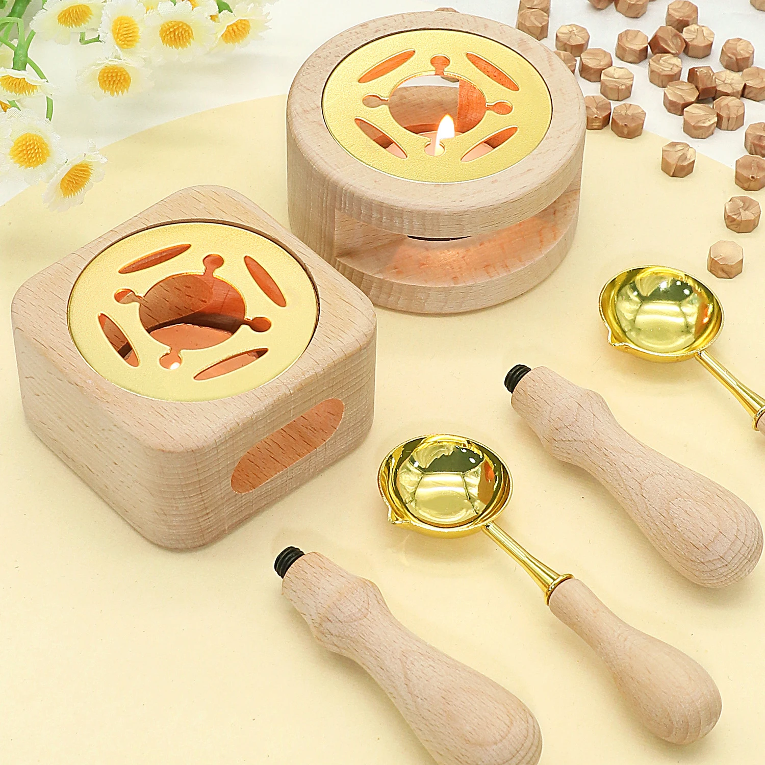 2/3pcs Sealing Wax Stamp Wood Color Melting Pot Set Wooden Handle Spoon Three-Piece Set Sealing Wax Stamp ,Wax Melting Tools