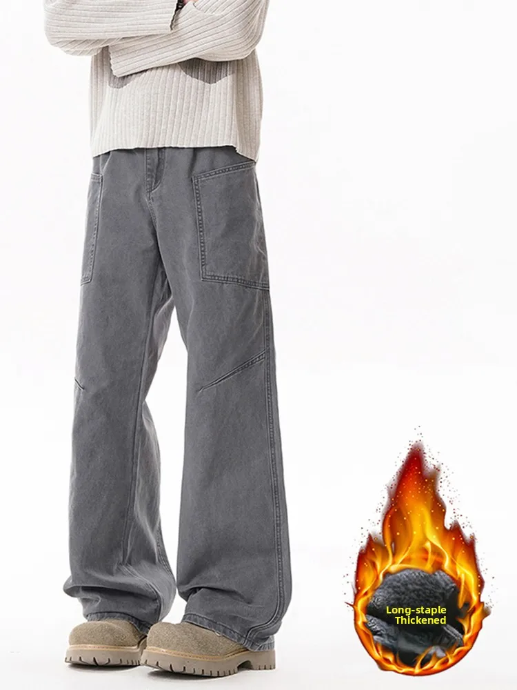 

Мужские зимние джинсы в стиле ретро-американской рабочей одежды, плотные, свободные, прямые, широкие, повседневные, из хлопка, прямого кроя