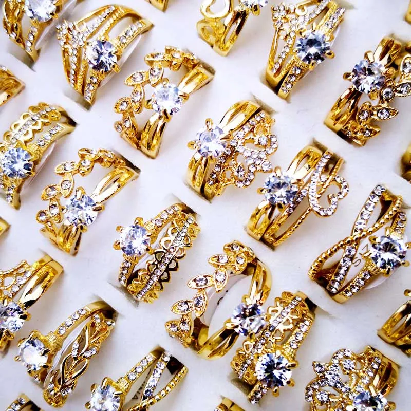 50Pcs /Lots Factory Wholesale Mix Style Vintage Silver Gold Plated Jewelry Rings Woman Size Female Jewelry Multiple Styles