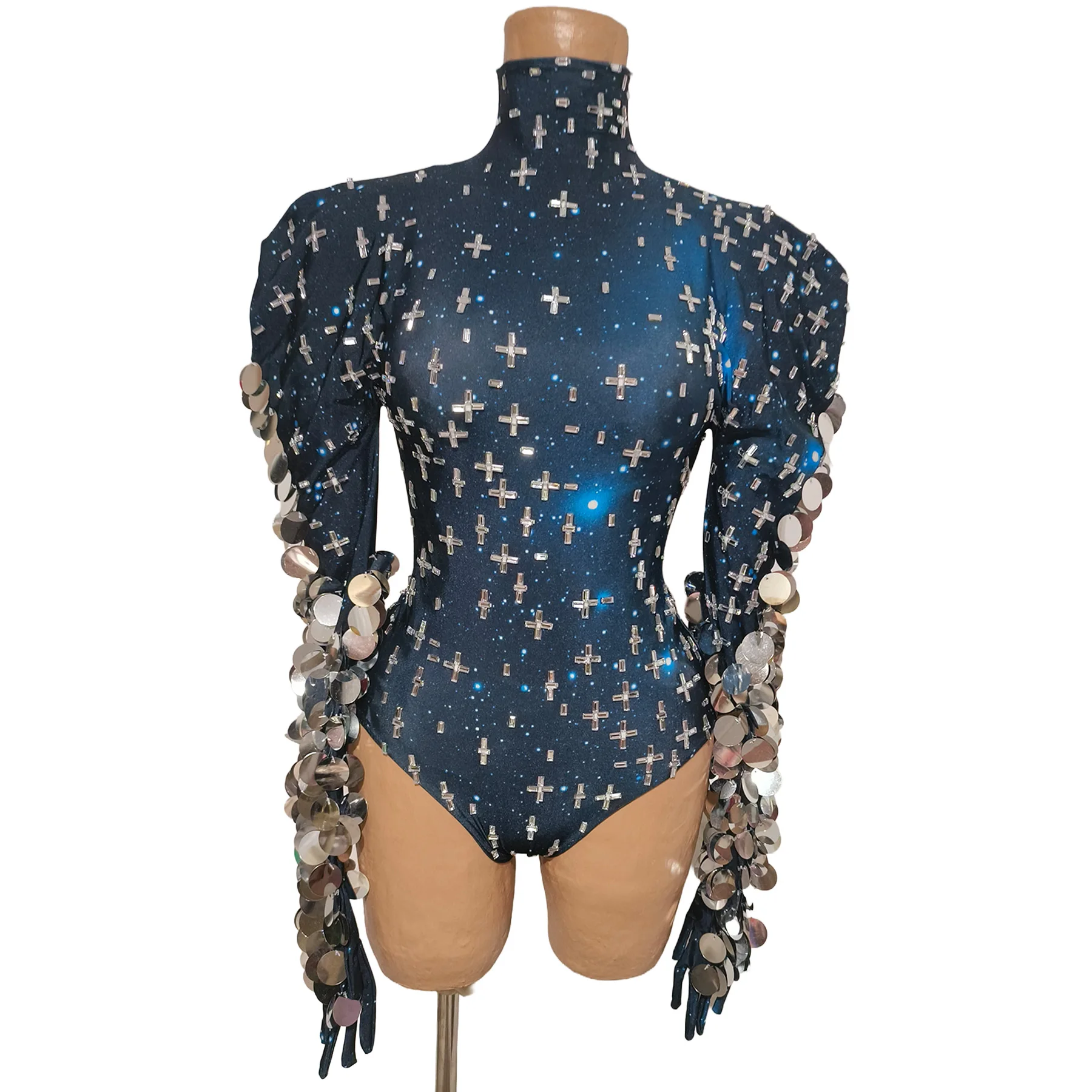 Yuzhou Sparkly Starry Sky Cross Crystal Bodysuit Long Sleeve High Neck Puff Shoulder Long Silver Disc Fringe Birthday Prom Gowns