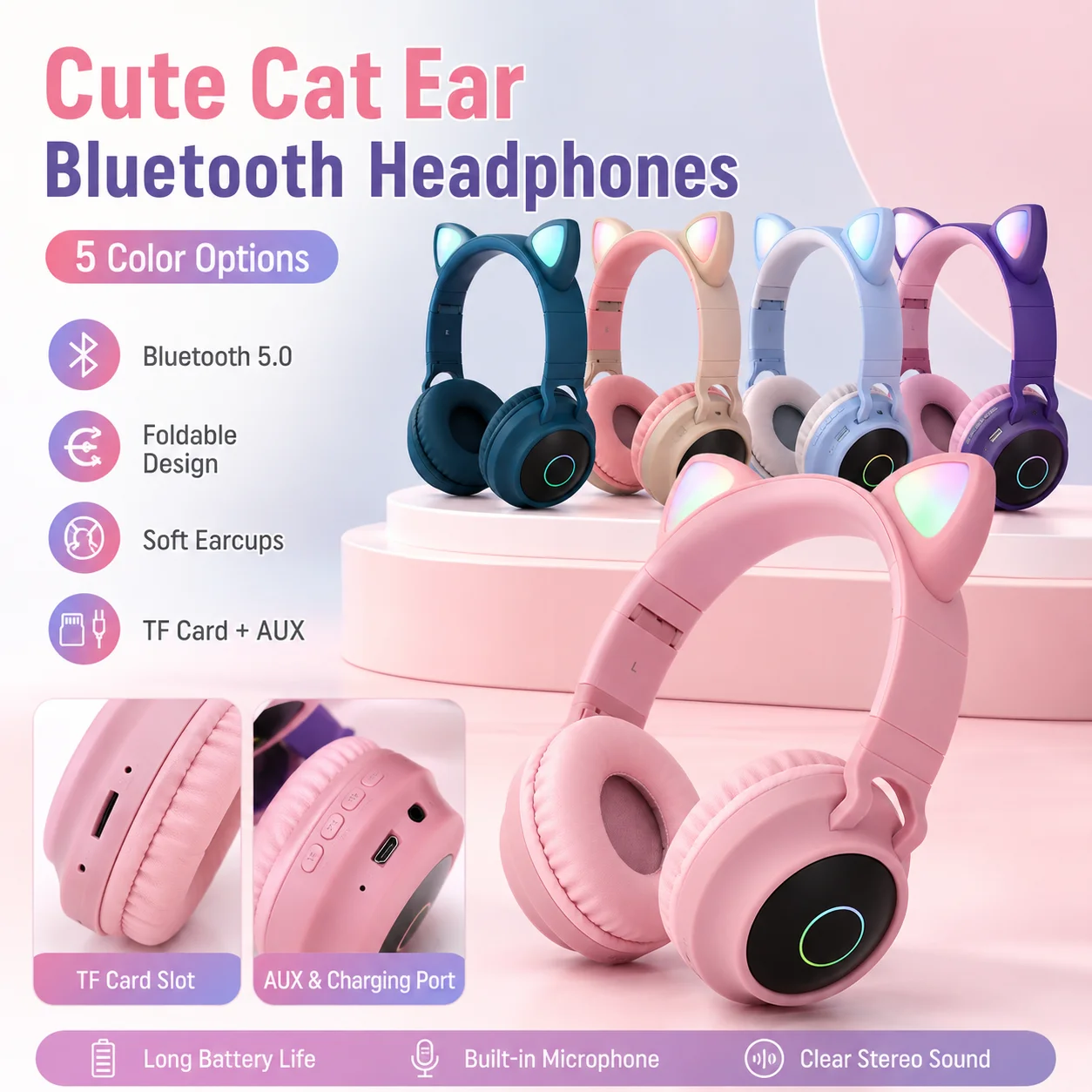 Cat Ear Bluetooth Headset Led - Niedliche Katzenohren-Kopfhörer Bluetooth Kabellose Kopfhörer LED-Licht