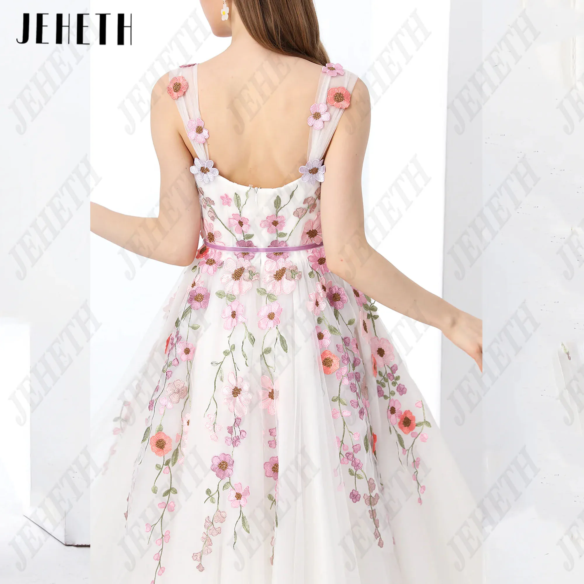 JEHETH Spaghetti Straps Prom Gowns For Girls V-Neck Pink 3D Flowers Sleeveless Tea-Length A-Line Backless Vestidos De Festa