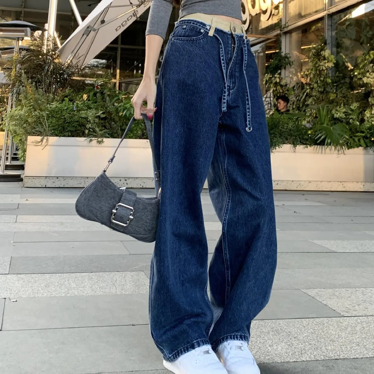 

H.sa High Waist Wide Leg Jeans for Women's American High Street Casual Double Waist Colored Straight Floor Sweeper Trendy