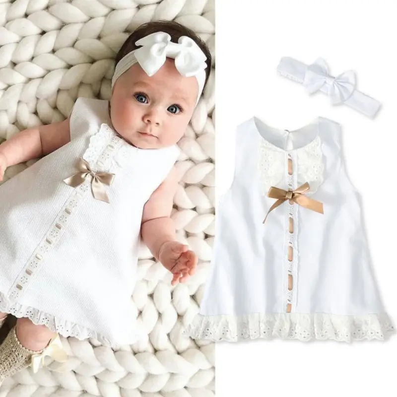 Newborn Baby Girl Sweet Solid Color Dress Infant Toddler Bow Lace Hem Sleeveless Dress with Headband Two-Piece Princess Dress