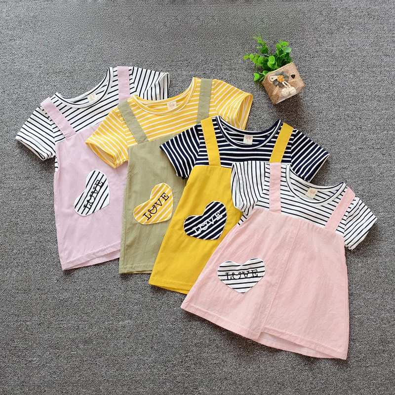 Summer girls short sleeved dress baby girl striped short sleeved solid color strap dress fake two pieces