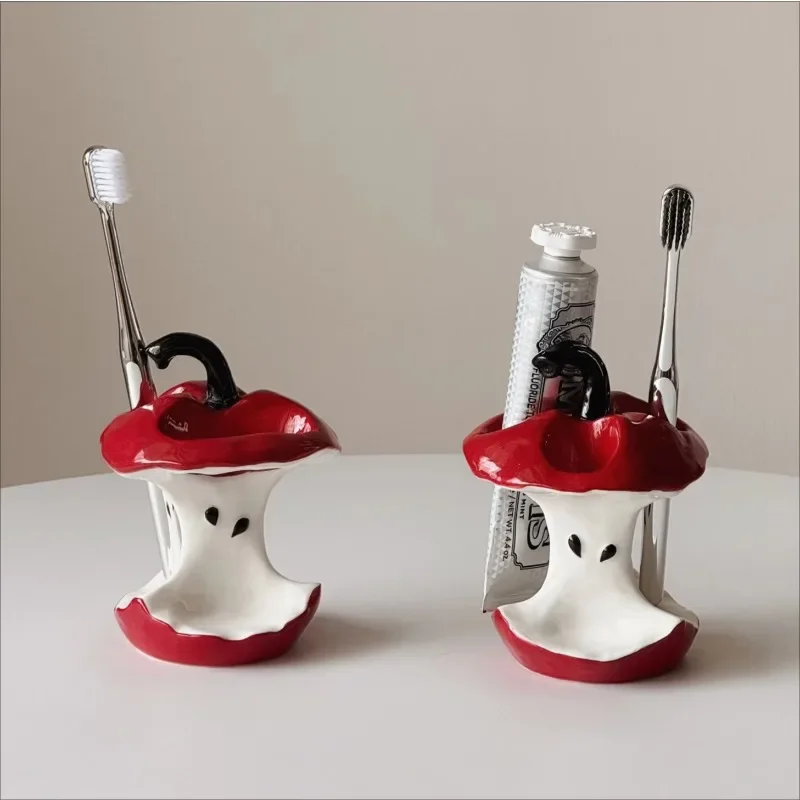 Ceramic Toothbrush Holder Creative Apple Core Shaped Toothpaste Storage Rack Makeup Brush Storage Ornament Bathroom Accessories