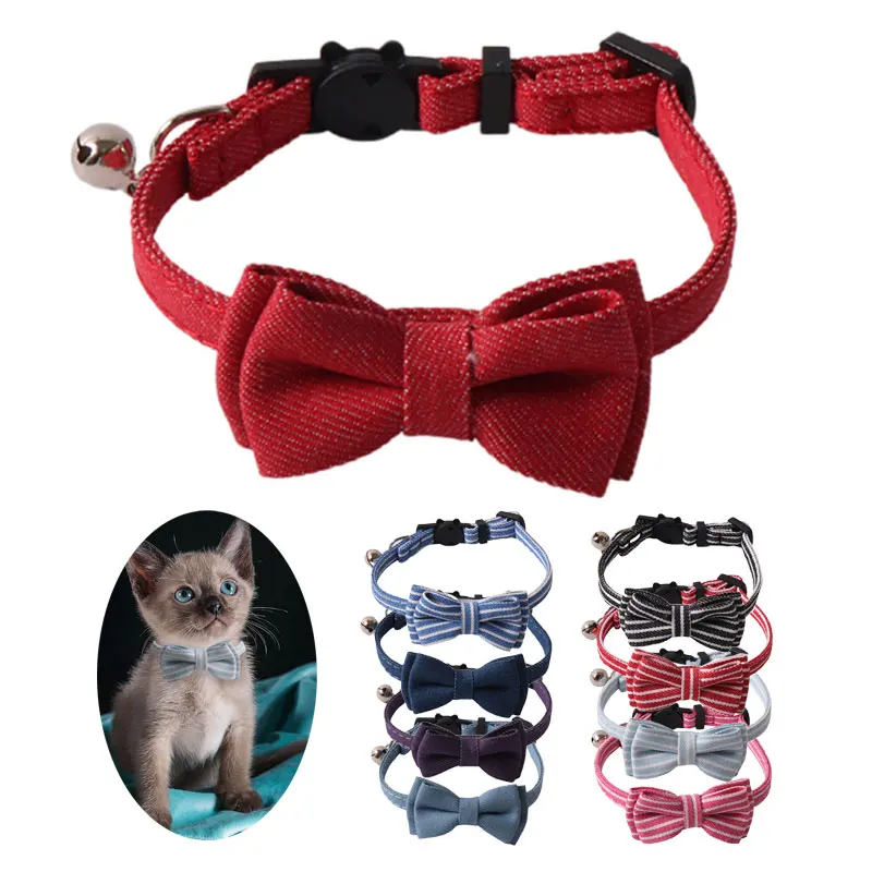 Bowknot Cute Cat Collar with Bell Stripe Gato Necklace Puppy Kitten Collier Chain Quick Release Denim Cloth Small Dog Collars