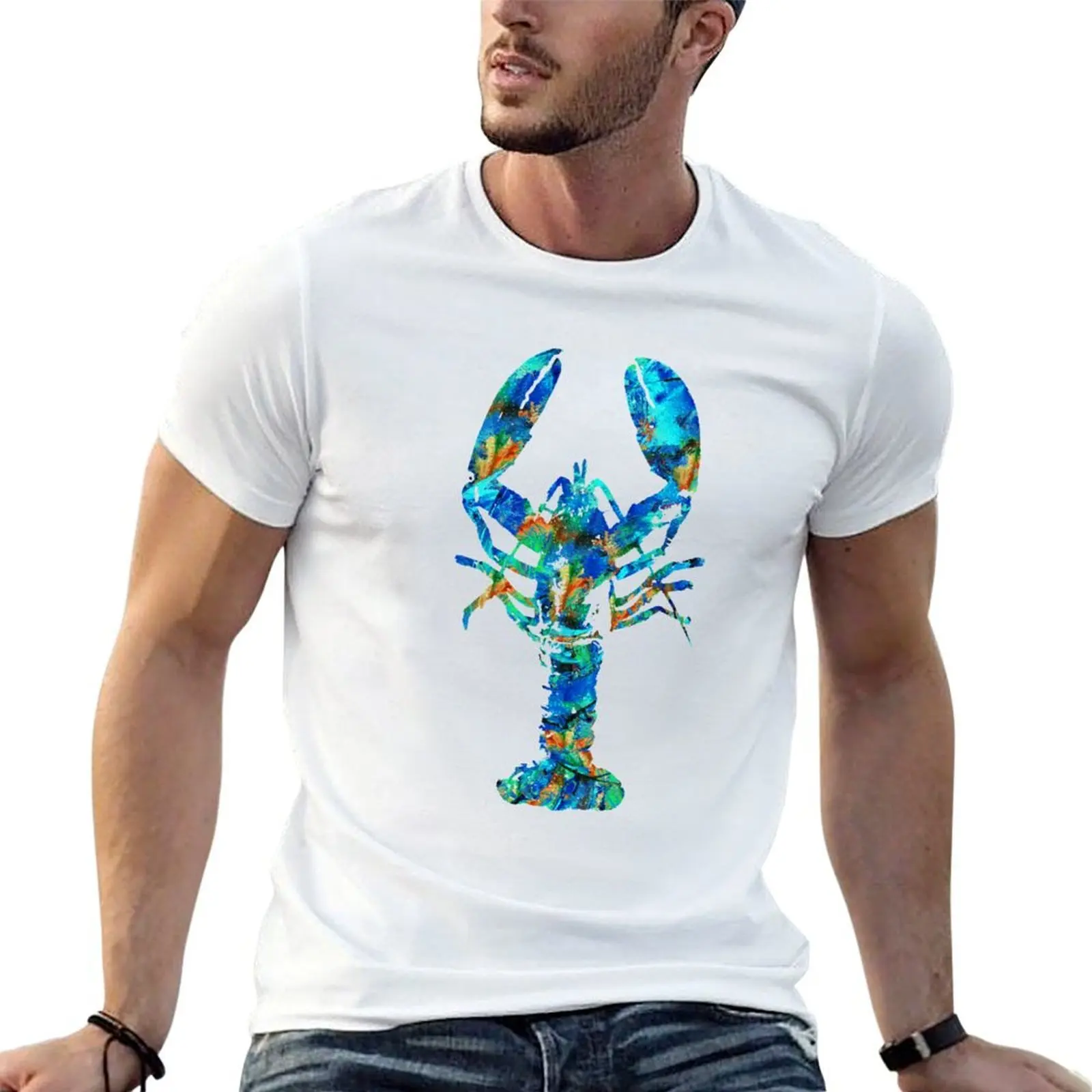 Blue Lobster Art by Sharon Cummings T-Shirt vintage anime shirt Blouse sweat shirts, men
