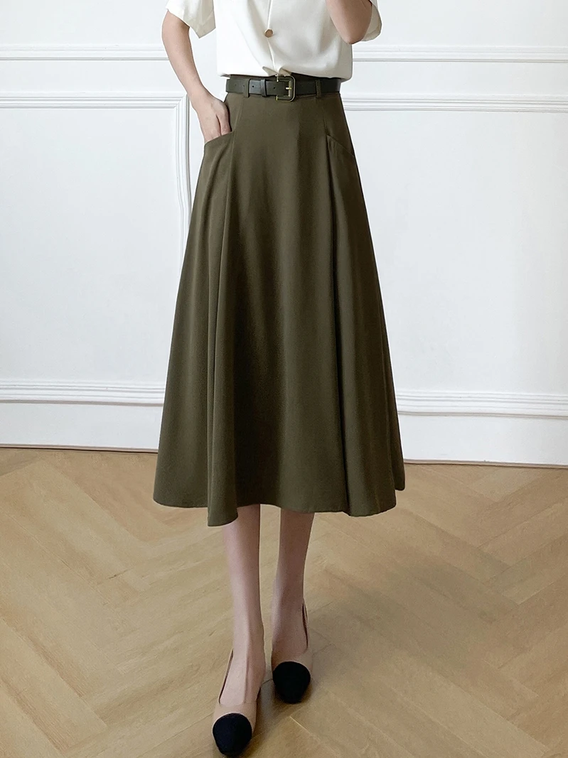 

High Waist Midi Skirt Women's Spring Autumn New Sle Drapey Suit f-length Commute Profional A-line Umbrella Skirt