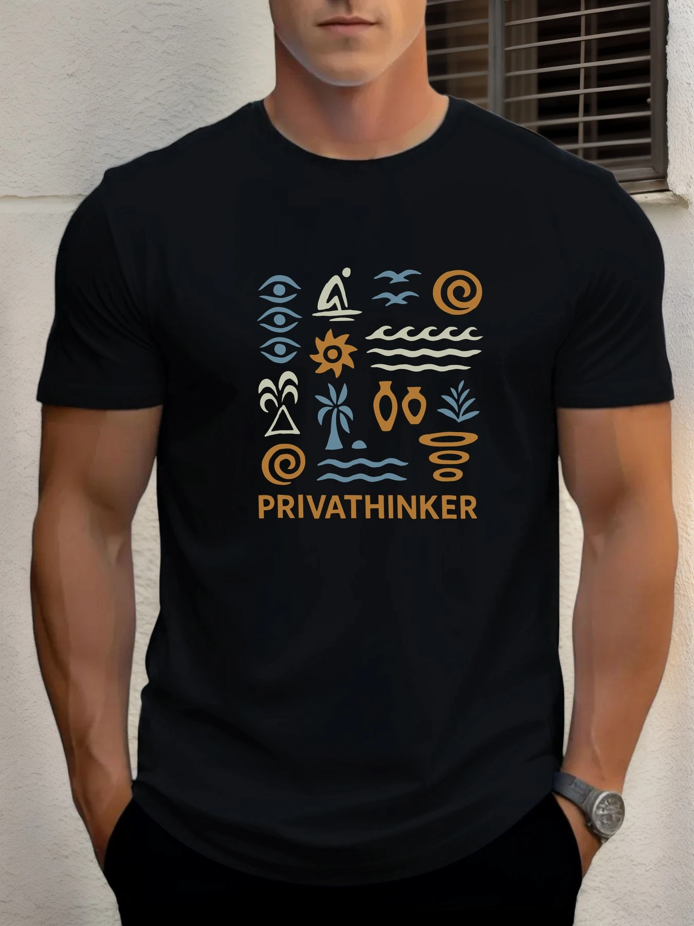 

Men's cotton T-shirt, summer round neck short sleeves, seaside element printing breathable street clothing fashion cool T-shirt