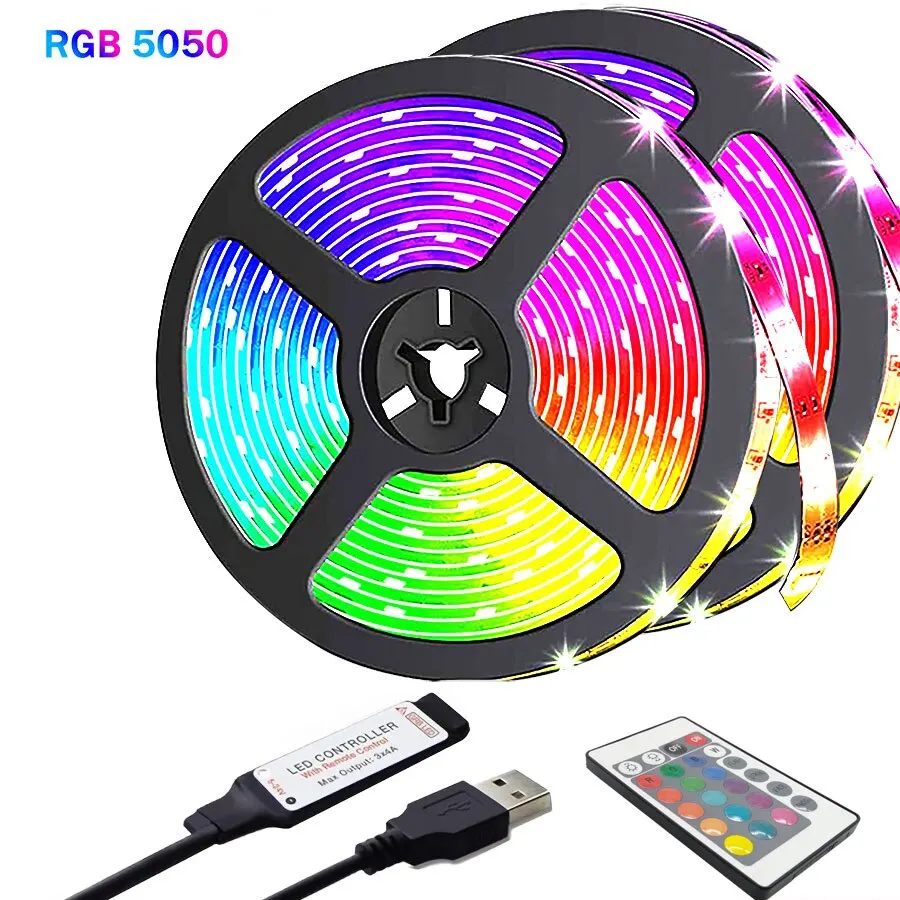 Led USB Strip Light 5M Color Changing 5050 RGB LED Flexible Lights with 24 Keys for Children Gaming Room Home Party TV Backlight