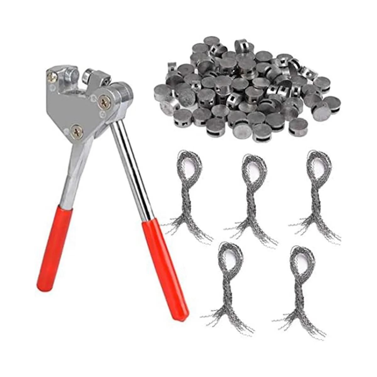 100Pcs Round Lead Seals Beans 8mm Diameter, 100 Pcs Steel Wire, 1Pcs Sealing Crimper with Red Plastic Coated Handle