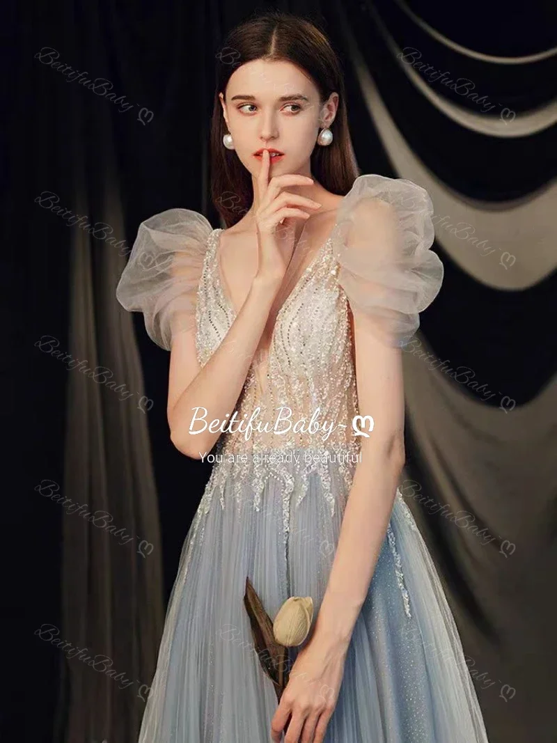 فستان سهرة للنساء على شكل حرف v فقاعة بأكمام قصيرة على شكل حرف a تنورة الأورجانزا فساتين الحفلات النسائية Vestidos Elegantes