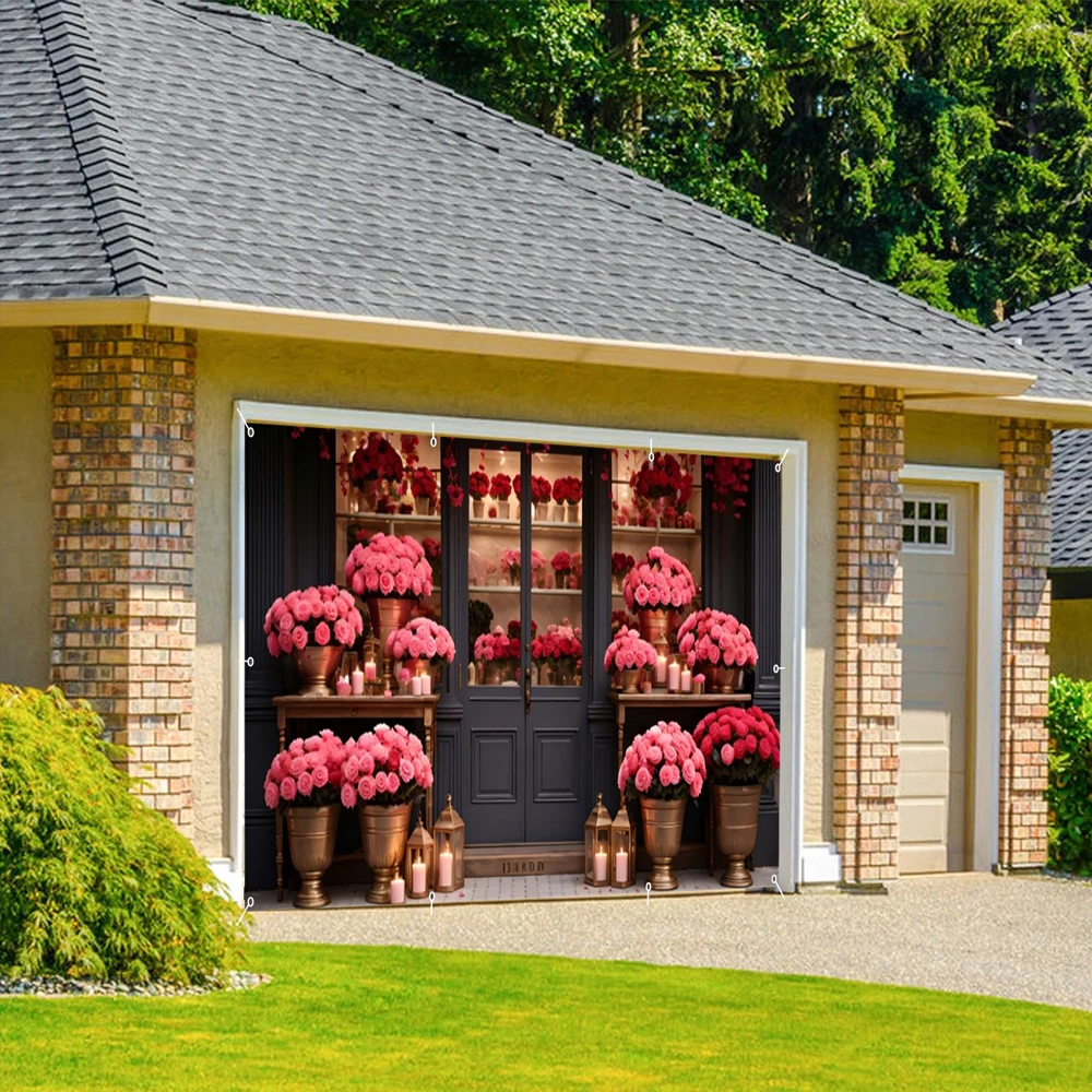 วันวาเลนไทน์ร้านดอกไม้โรงรถผนังพื้นหลังดอกกุหลาบสีชมพูประกายบ้านโรงรถกรอบประตูสําหรับกลางแจ้ง Home Courtyard Decor