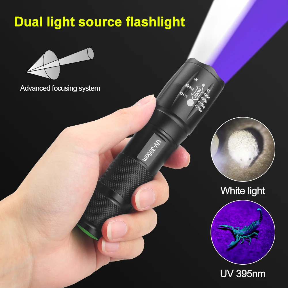 Linterna Led UV de 365nm, luz ultravioleta IP65, resistente al agua, Invisible, Para manchas de mascotas, Detector de rotuladores de caza, escorpión