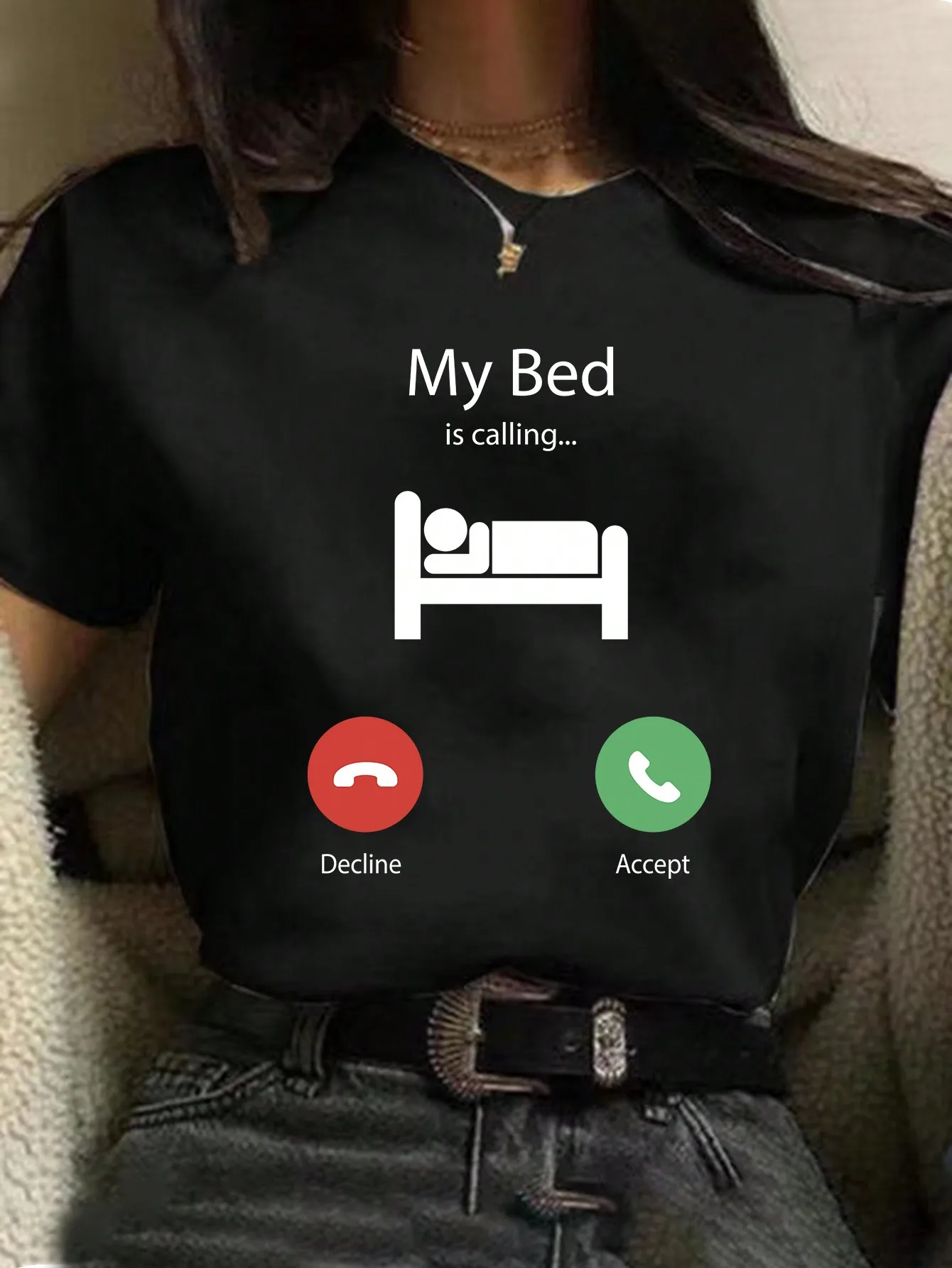 My Bed Is Calling Printed Short Sleeve T-Shirt Graphic Women Tops Casual Loose New Round Neck T-shirt Top Funny Text Print Tees