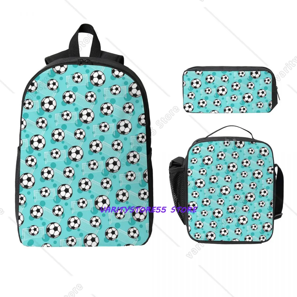 

Soccer Ball And Goal - Teal Soccer Backpack BookBag School Bag Computer Shoulder Bags 3ps Insulated Lunch Bag Pencil Case