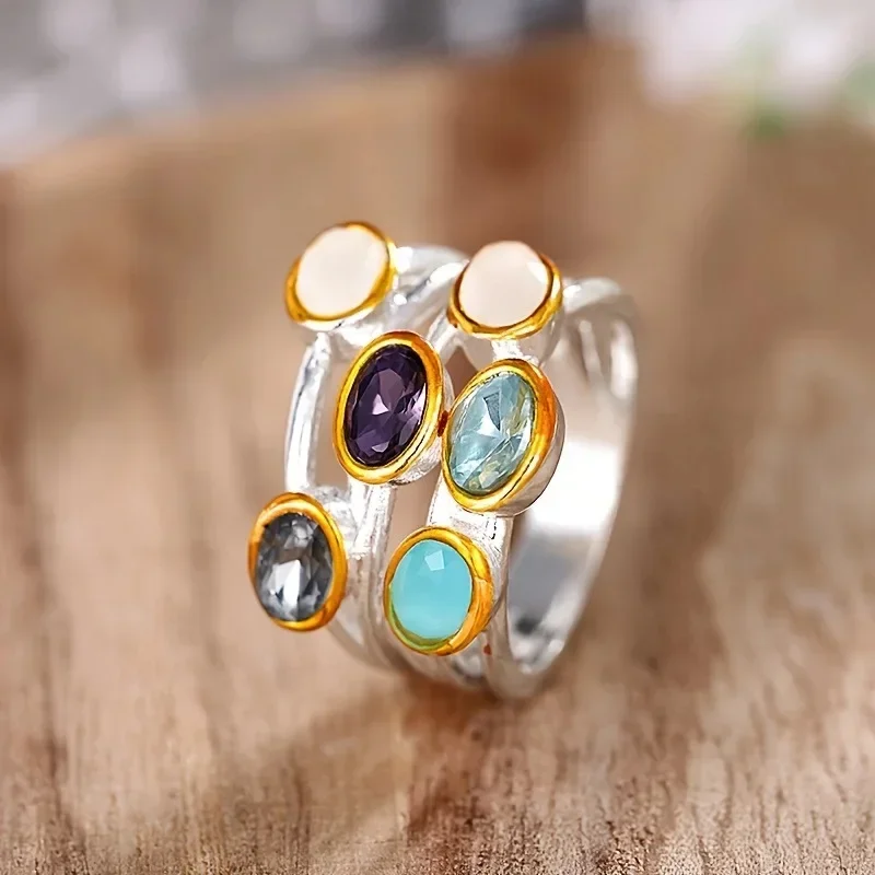 European and American new light luxury retro ring with palace style design, multi-layered jewelry, high-end oval women's