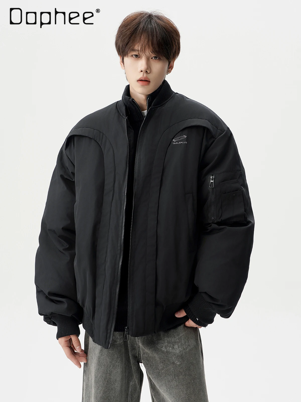 

2025 Winter New Men's Loose Casual Black Thickened Warm Stand Collar Long Sleeve Curved Pocket Design Cotton Jacket