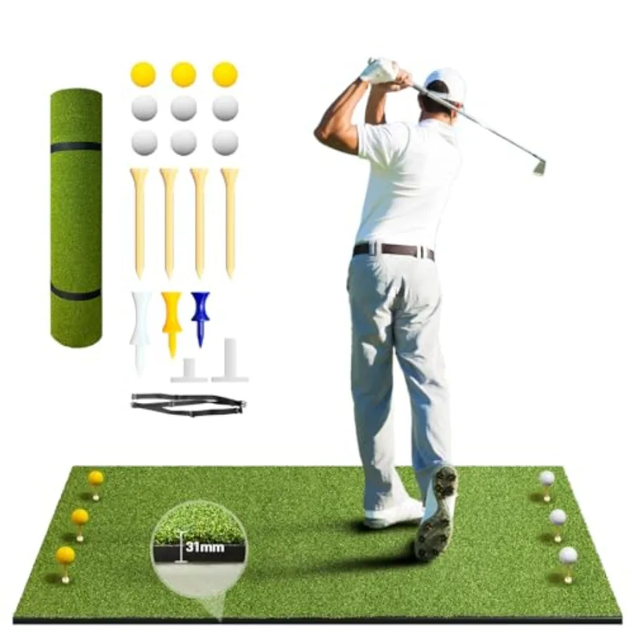 

Golf Mat 31MM 5x4ft Dense Elite Golf Hitting Mats Practice with 9 Balls 9 Tees PE Grass Heavy Duty Artificial Hitting Training