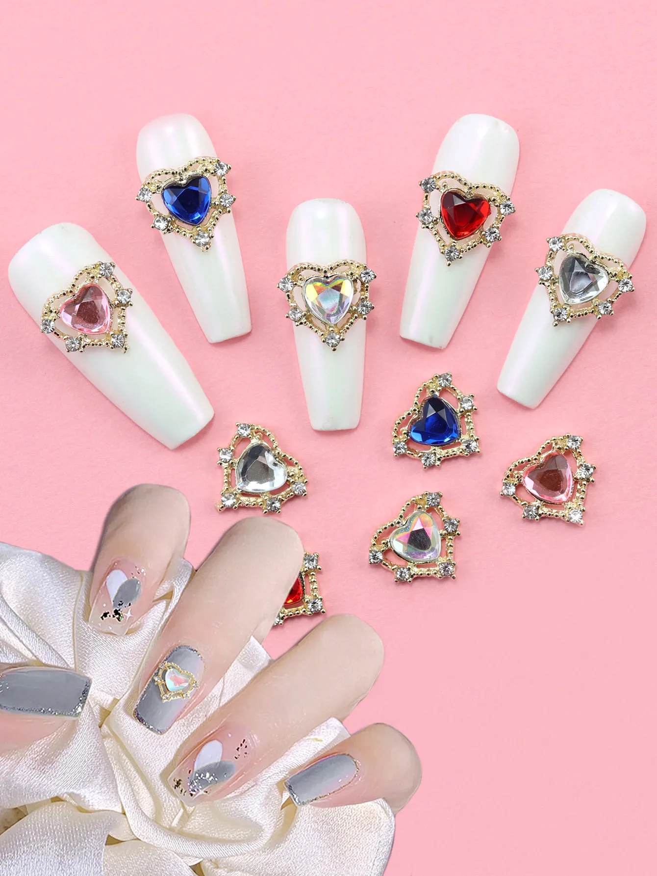 10pcs Sweet Nail Accessories Three Dimensional Luxury Full Diamond Heart shaped Pink Shining Nail Gems, Nail Water Diamonds