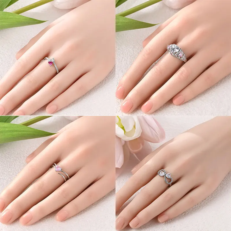 Valentine Day Engagement Ring 925 Sterling Silver Heart, Red, Pink, White, Blue Ring for Women Holiday Jewelry Gift