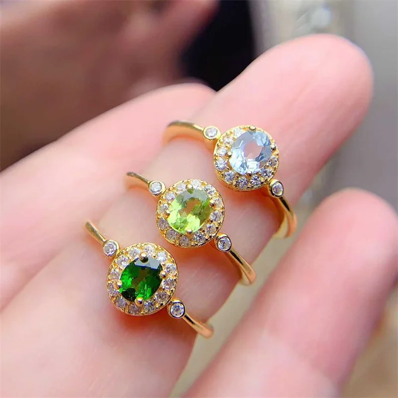 

Natural Gemstone Aquamarine Peridot Chrome Diopside Wedding Ring 925 Sterling Silver Yellow Gold with Certificate Jewelry Gift