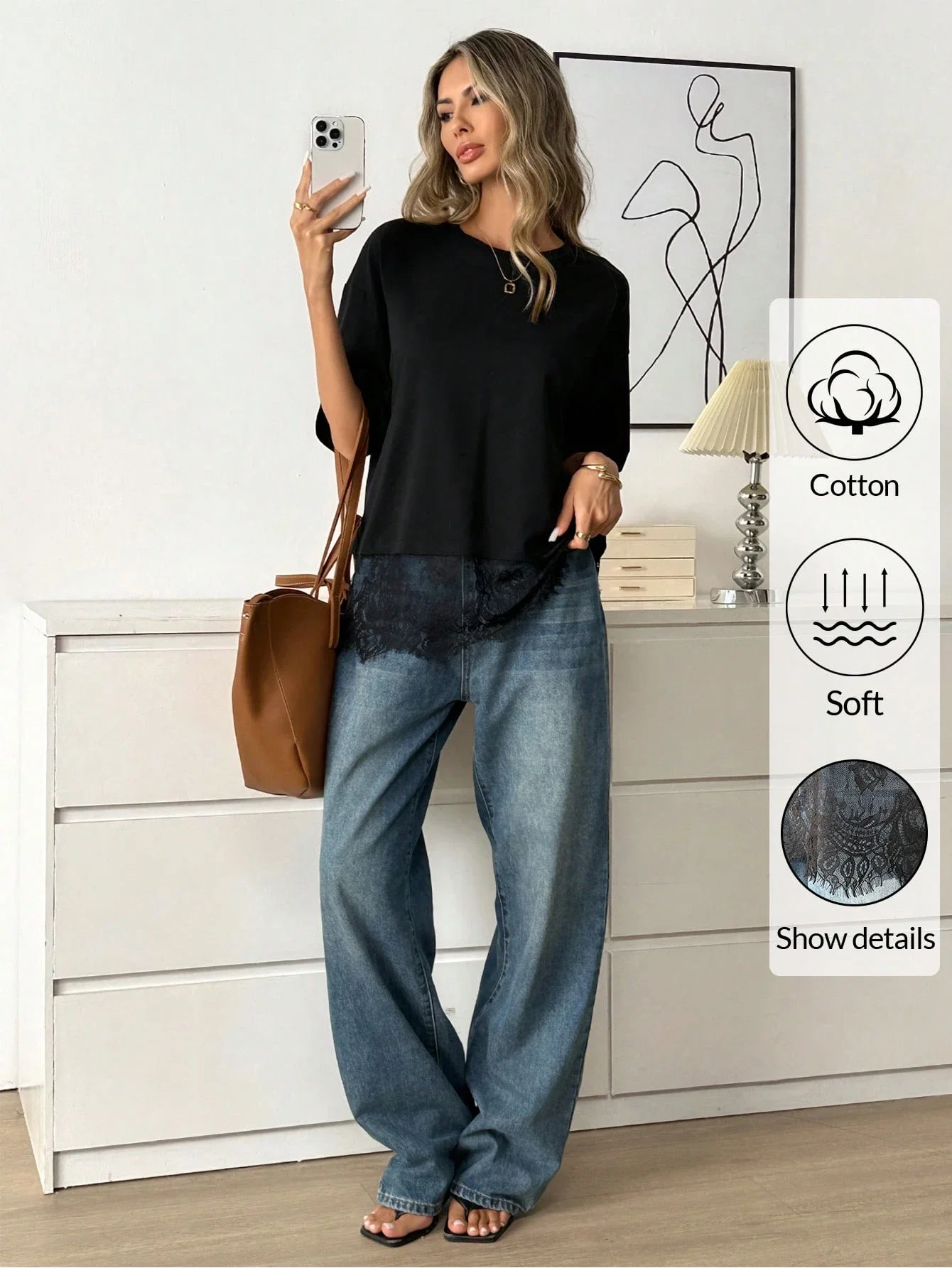 

Черная футболка из смесового хлопка с кружевной отделкой, коротким рукавом и круглым вырезом, повседневный свободный топ