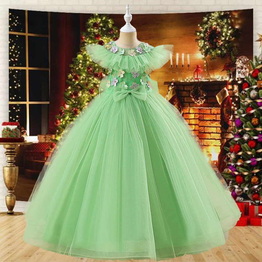 

Christmas Teenage Princess Party Girls Dress Children's Clothing Elegant Long Tulle Clothes Kids Flower Wedding Ceremony Costume