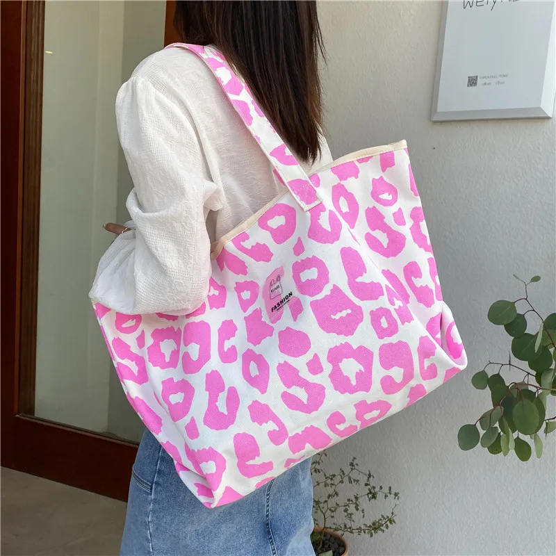 Bolso de mano de lona con patrón de leopardo para mujer, bolso de hombro informal de estilo coreano para estudiantes, gran capacidad, gran oferta