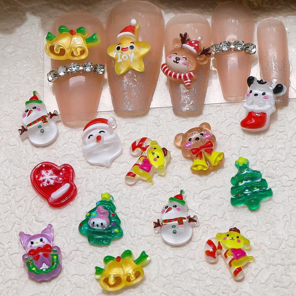 5PCS Christmas Nail Art Ornament Resin Jelly Fine Flash Cartoon Elk Snowman Santa Nail Drill