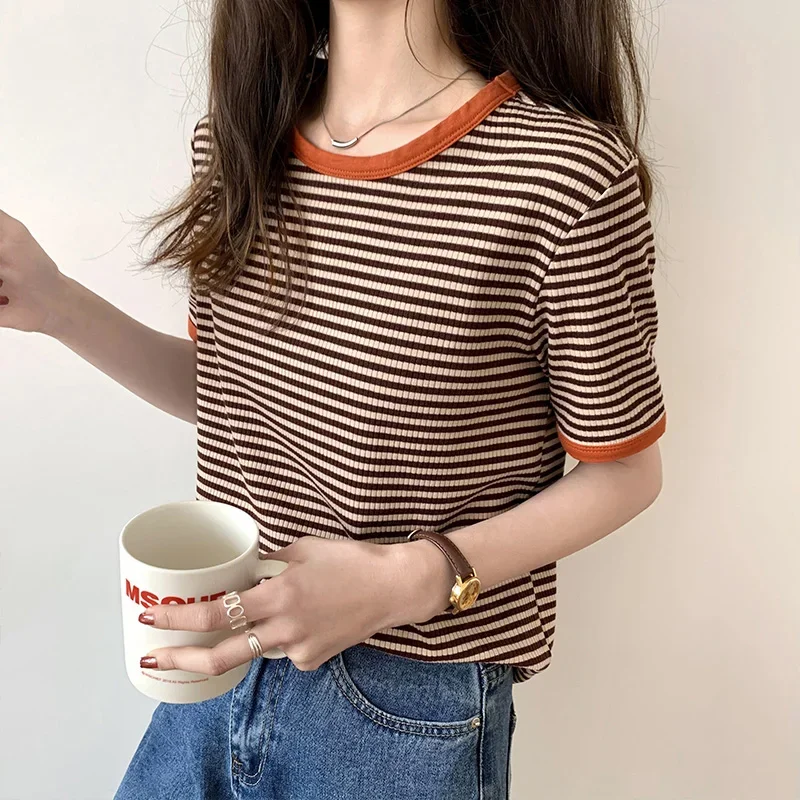 Vintage Japan O Neck Short Sleeve Striped Tshirts Women Summer Contrast Tops Clothing Fashion Wild Tees Cotton Y2k Shirt