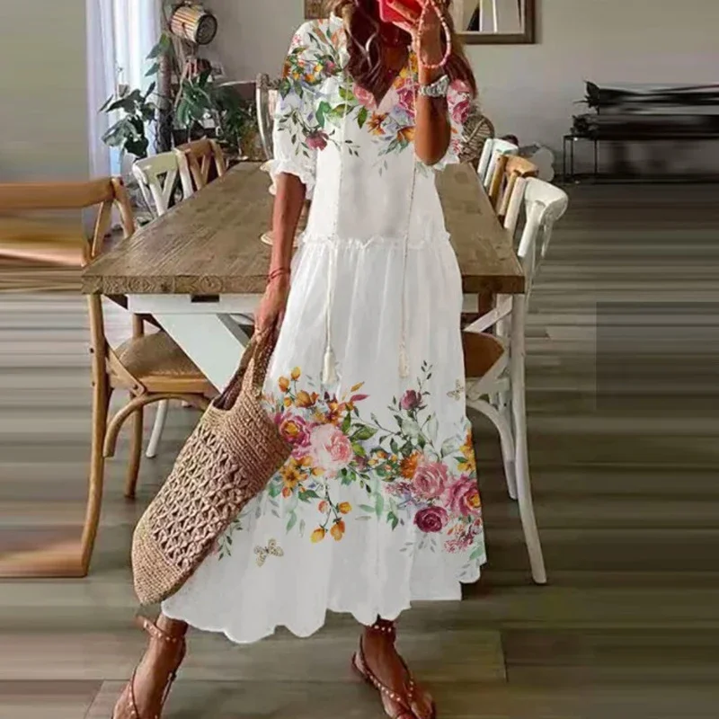 Boho Loosen V Neck Tassel Long Dress 2023 Spring Floral Print Pleated Party Maxi Dress Women Embroidery Lace Sleeve Summer Dress