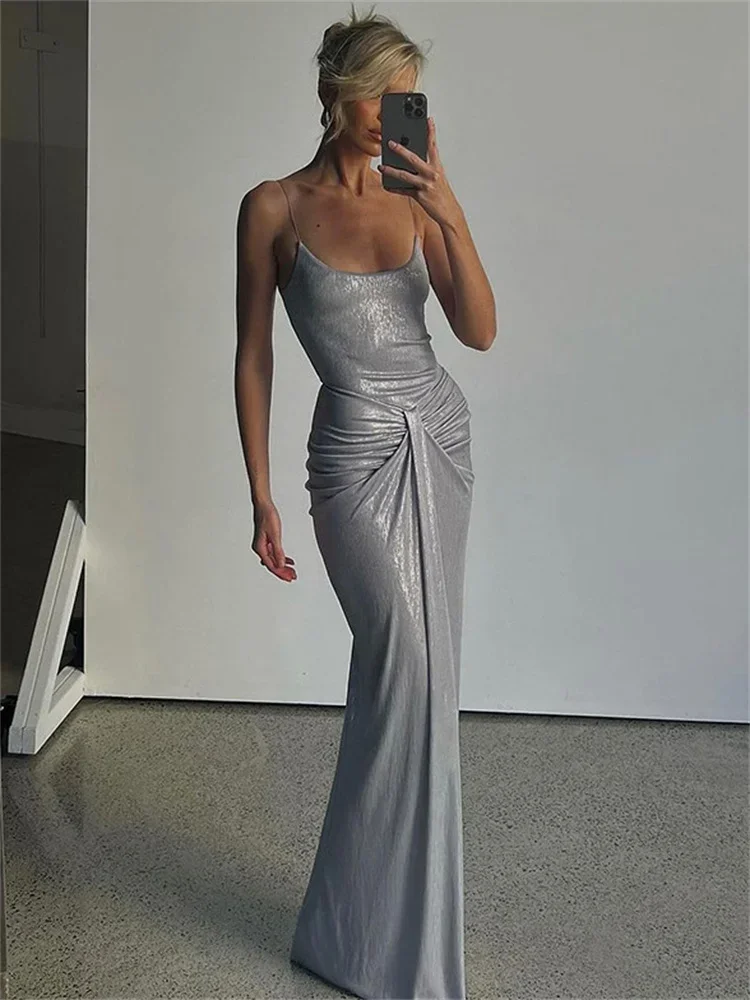 

Tossy Sexy Pleated Backless Long Dress Women High Waist Slim Elegant Party Dress Gown Spaghetti Solid Twist Ladies Maxi Dress