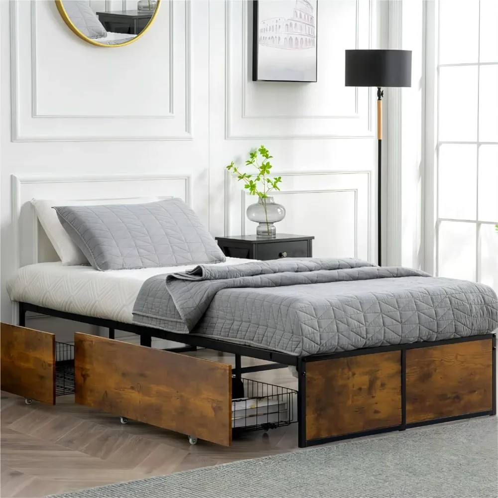 Twin Bed Frame Met 2 Xl Opbergladen, Metalen Platform Bed Frame W/Treeplank, 9 Sterke Metalen Lamellensteun/Geen Boxspring Nodig