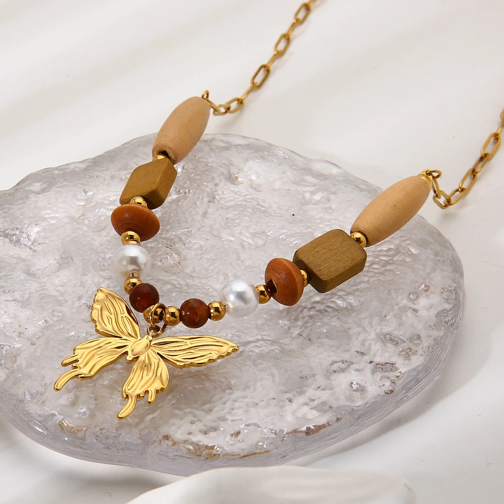 

Bohemian 18K Gold Plated Butterfly Pendant Necklace Wooden Beads Stainless Steel Vintage Sweater Chain Jewelry Gift for Women