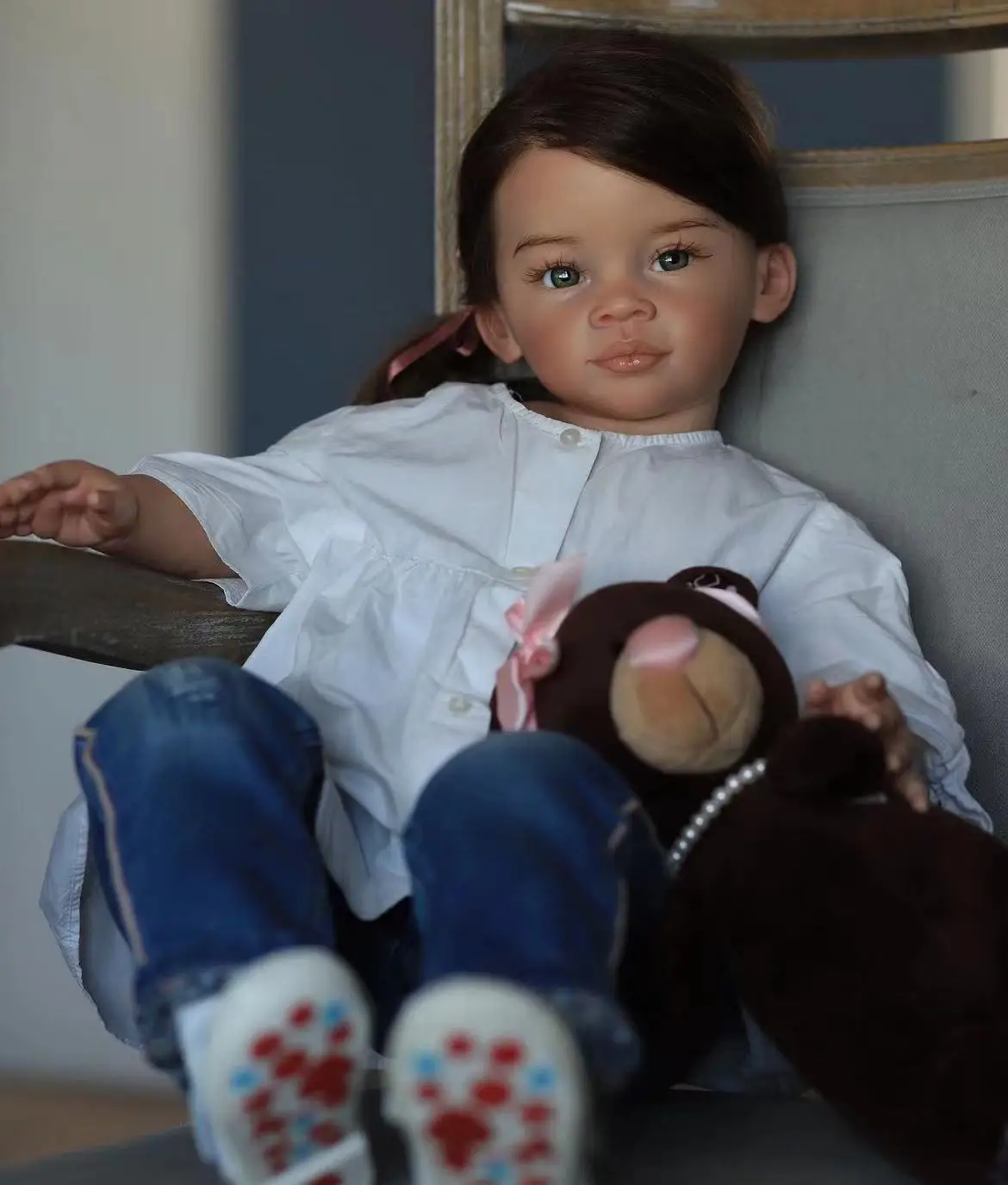 FBBD Customized Limited Supply 32inch Reborn Baby Doll Meili With Hand-Rooted Long Brown Hiar Already Finished Doll Christmas