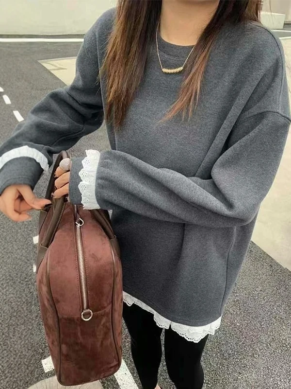 Coreano japonês marca renda guarnição splice feminino meados de comprimento camiseta bunda cobrindo preguiçoso sle suor solto ajuste longo sve