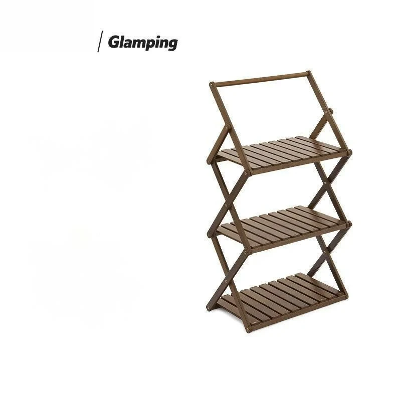 Outdoor Multi-layer Shelf Camping Folding Portable Solid Wood Storage Table Tableware Storage Rack