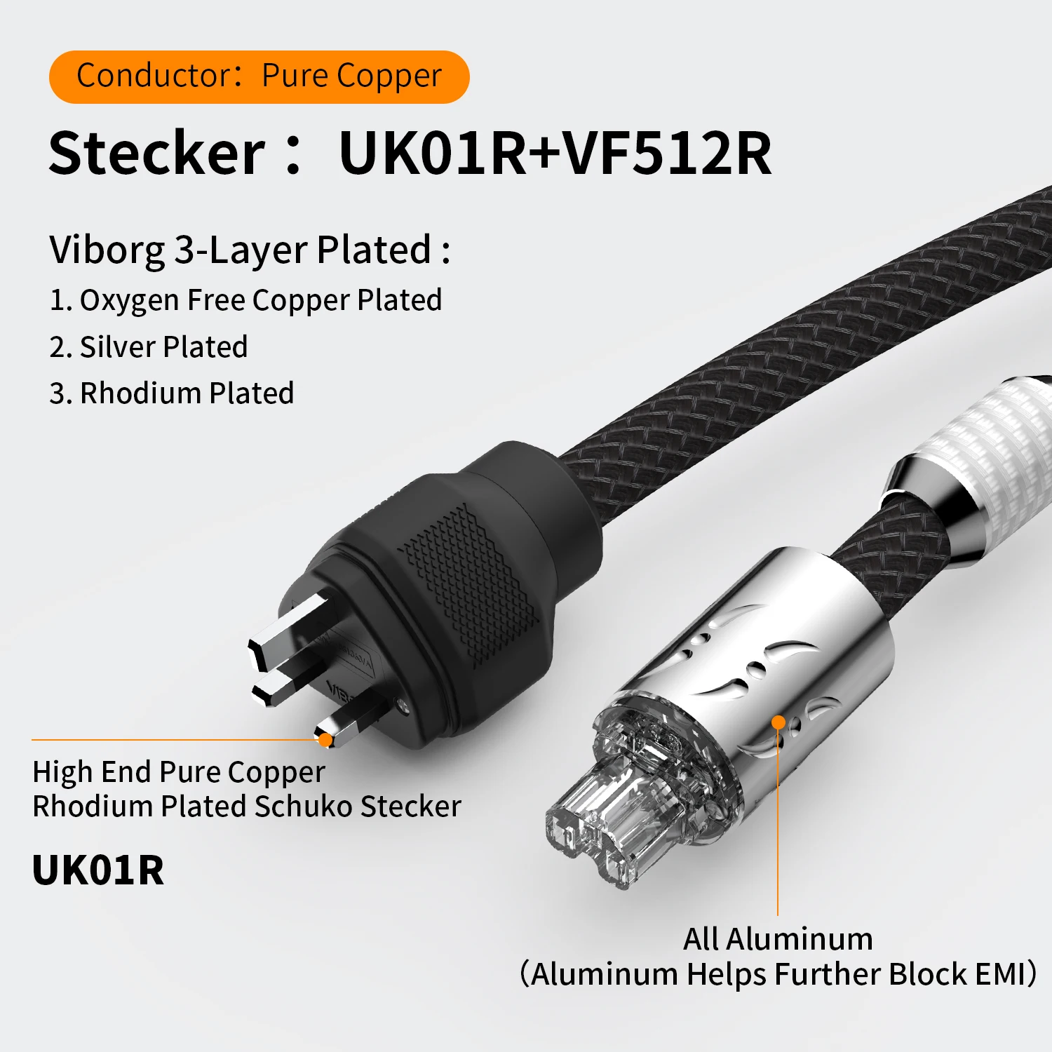 

Viborg UK Mains Power Leads HIFI Power Cord With Pure Copper Rhodium Plated UK Plug Cable