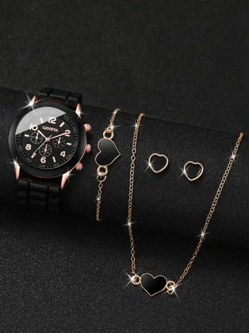 4pcs/set Geneva Watch Fashion Silicone Band Women Quartz Watches Heart Jewelry Set(Without Box)