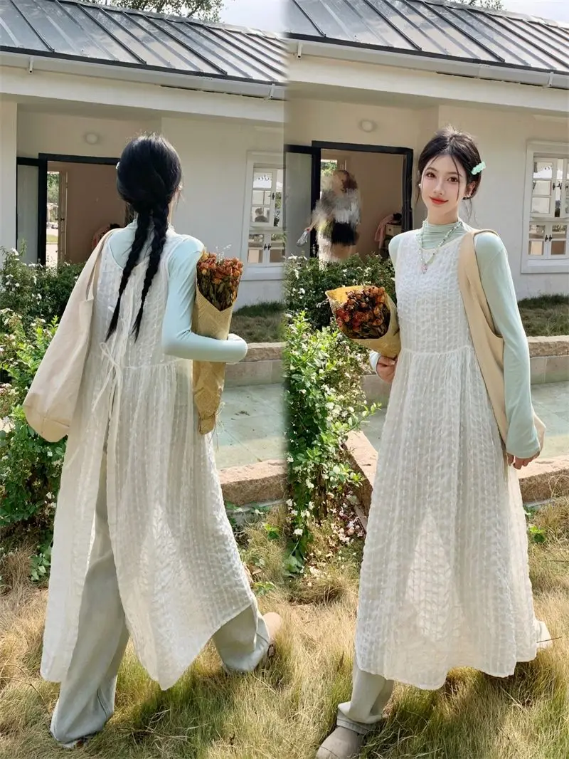 

Shpmishal Korean Fashion Early Spring Back Lace Up Tank Top Dress Women's White Instagram Style Layered Dresses Female Clothing